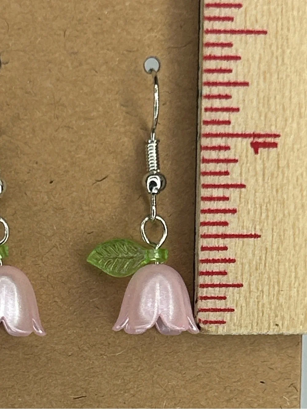 Pink Flower Drop Earrings with Green Leaf Fashion Jewelry - Picture 3 of 4
